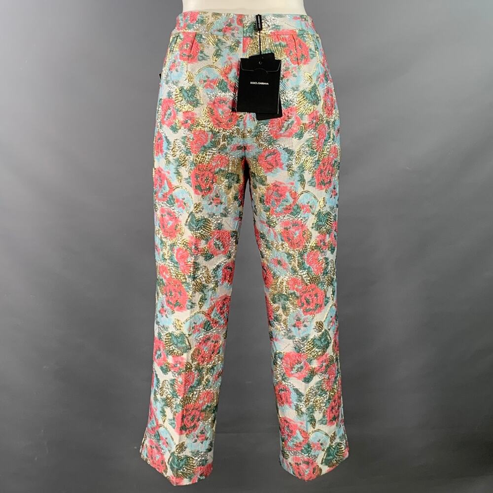DOLCE & GABBANA Size 6 White Pink Jacquard Floral Capri Dress Pants - Picture 3 of 5